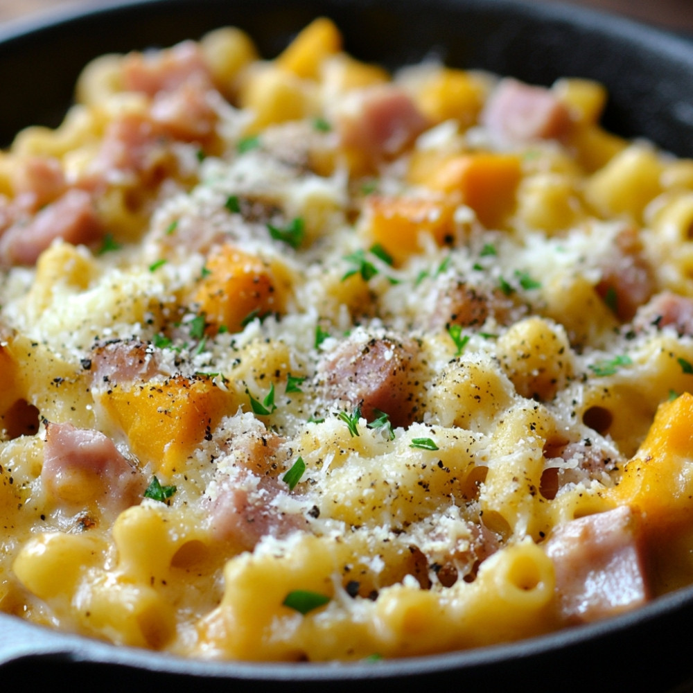 Macaronis au jambon, sauce potiron-panais