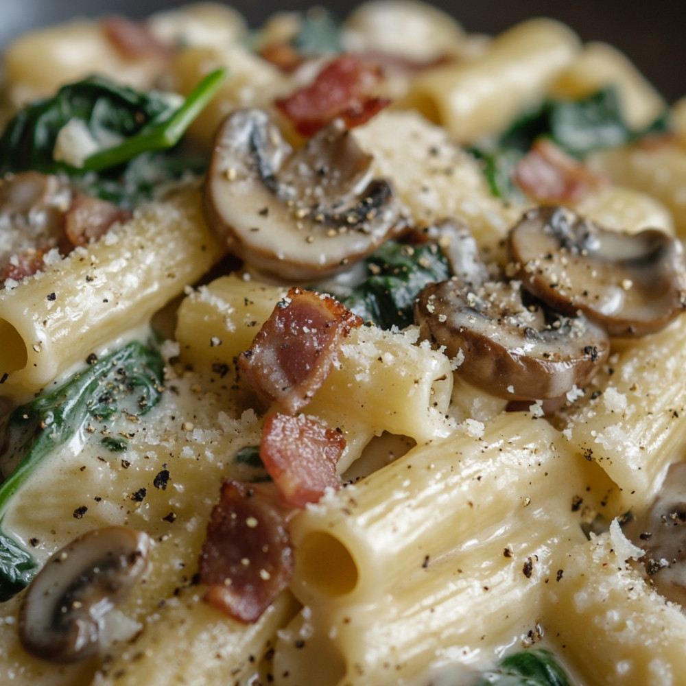 Pâtes à la sauce crème champignons, épinards et lard