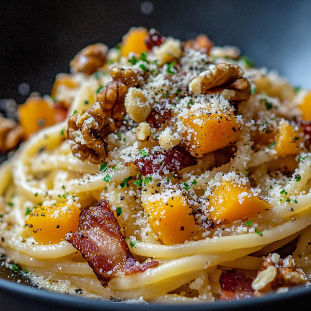 Spaghettis à la courge butternut, noix et lard