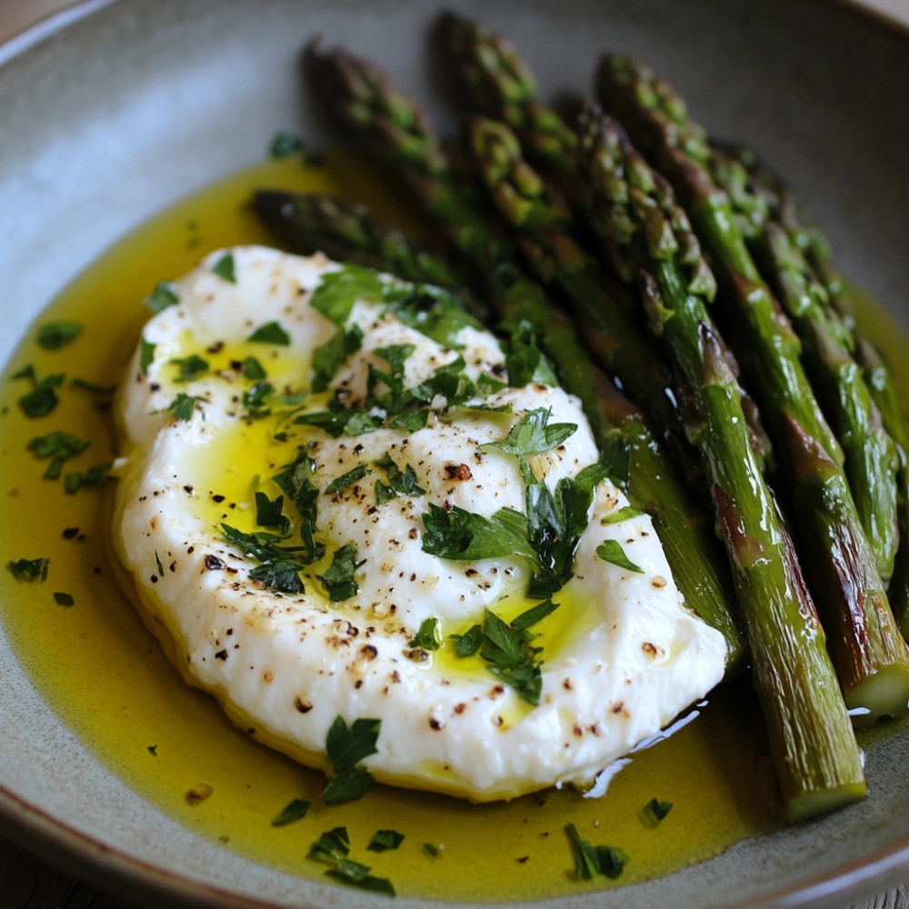 Burrata aux asperges grillées