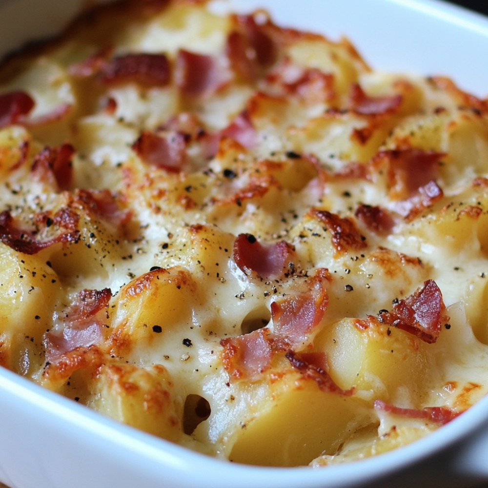 Gratin de jambon haché, pommes et bacon