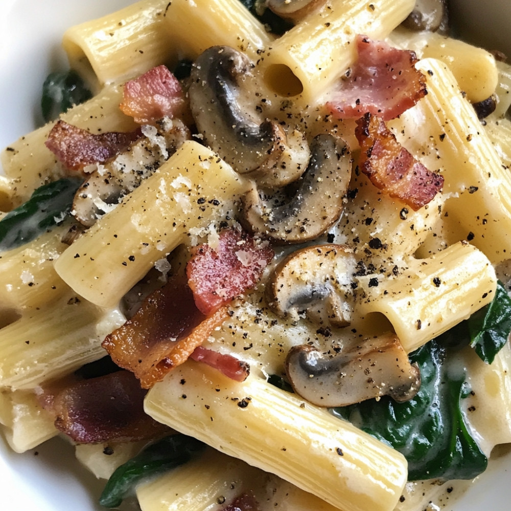 Pâtes à la sauce crème champignons, épinards et lard