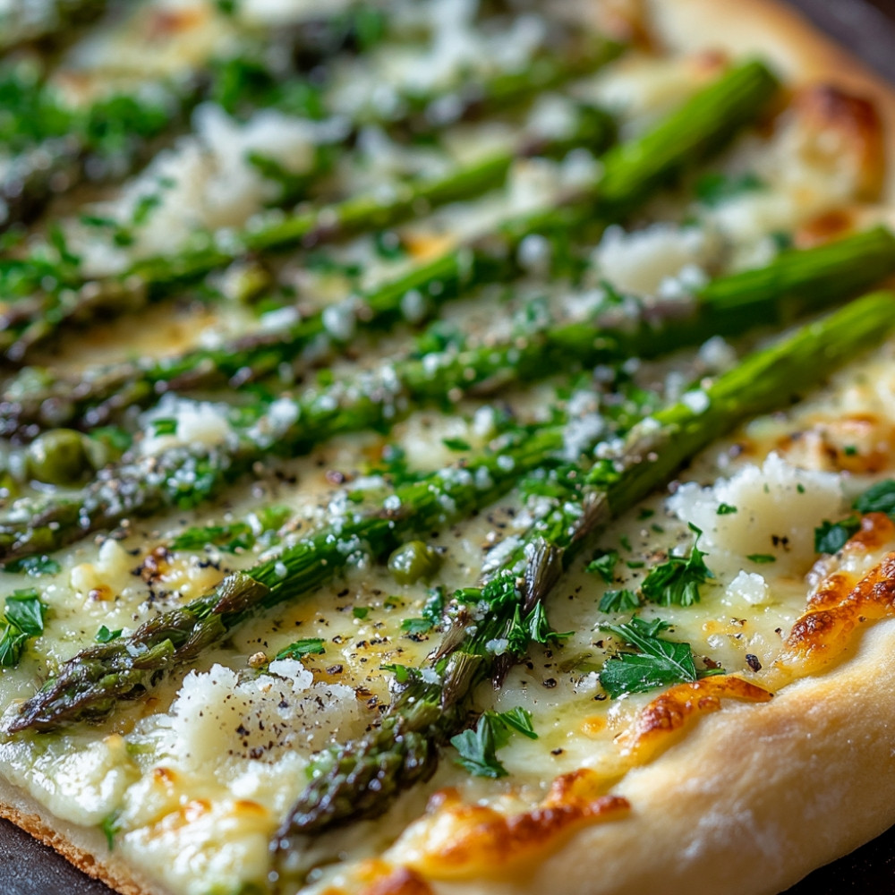 Pizza aux asperges et huile au persil