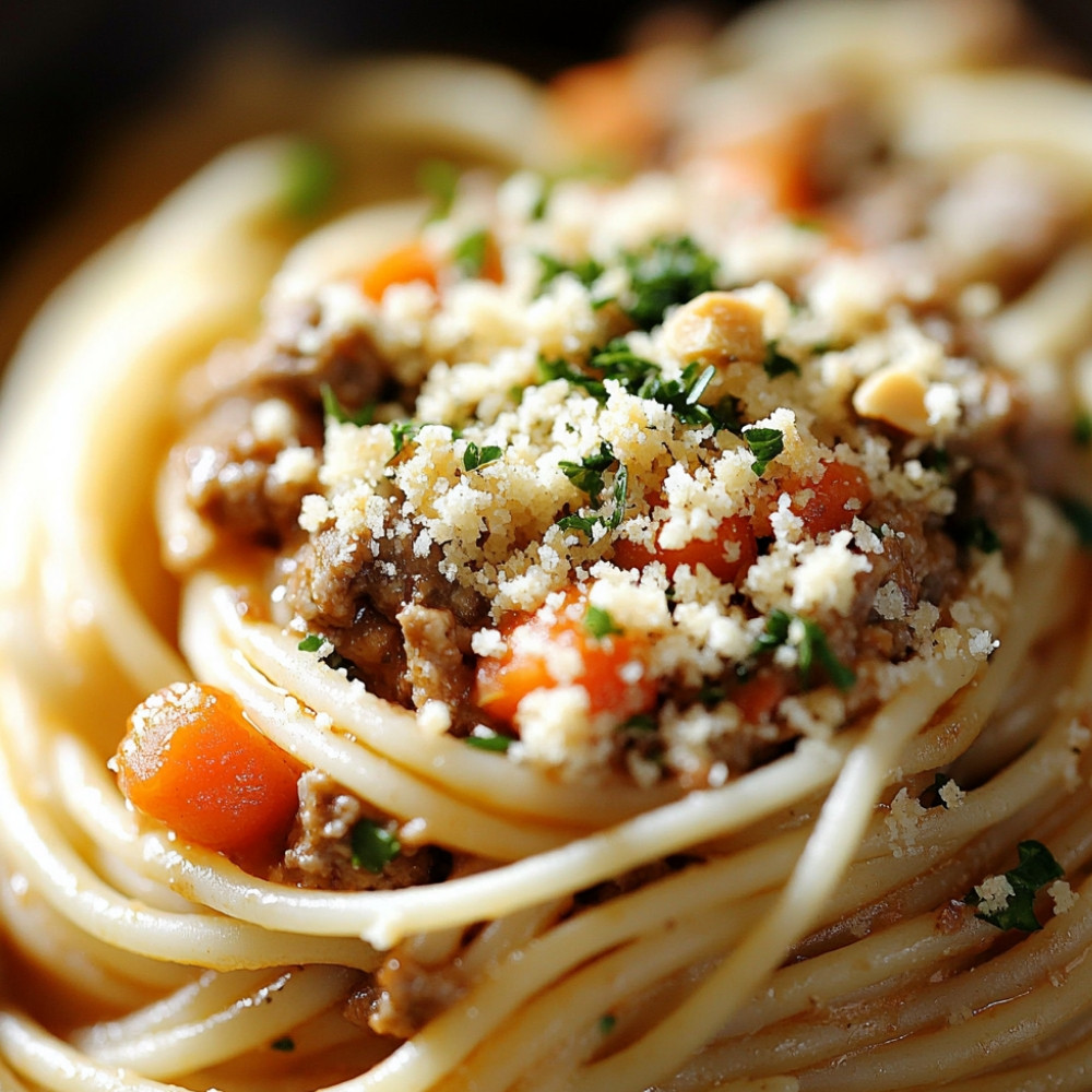 Spaghetti bolognaise et topping crunchy