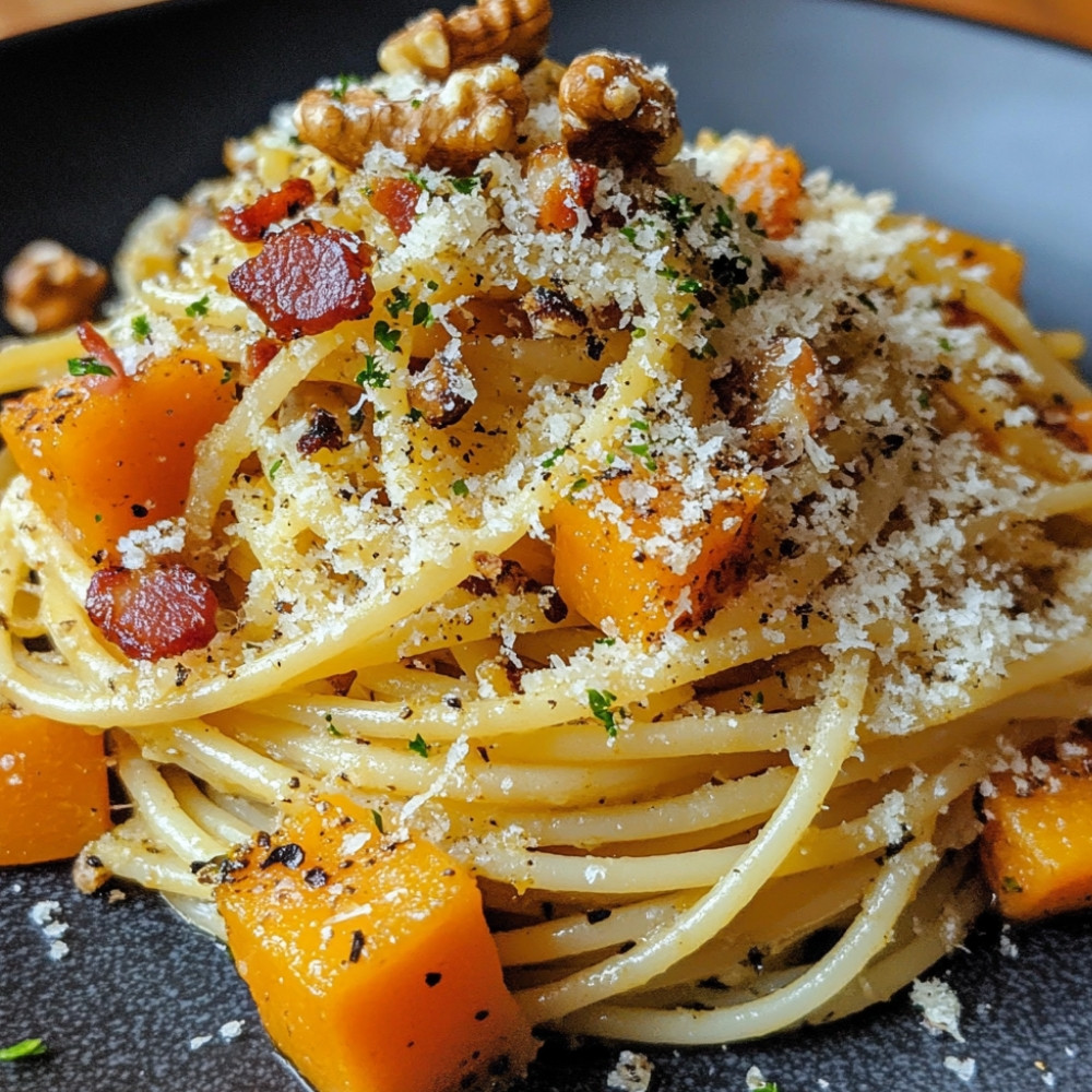 Spaghettis à la courge butternut, noix et lard