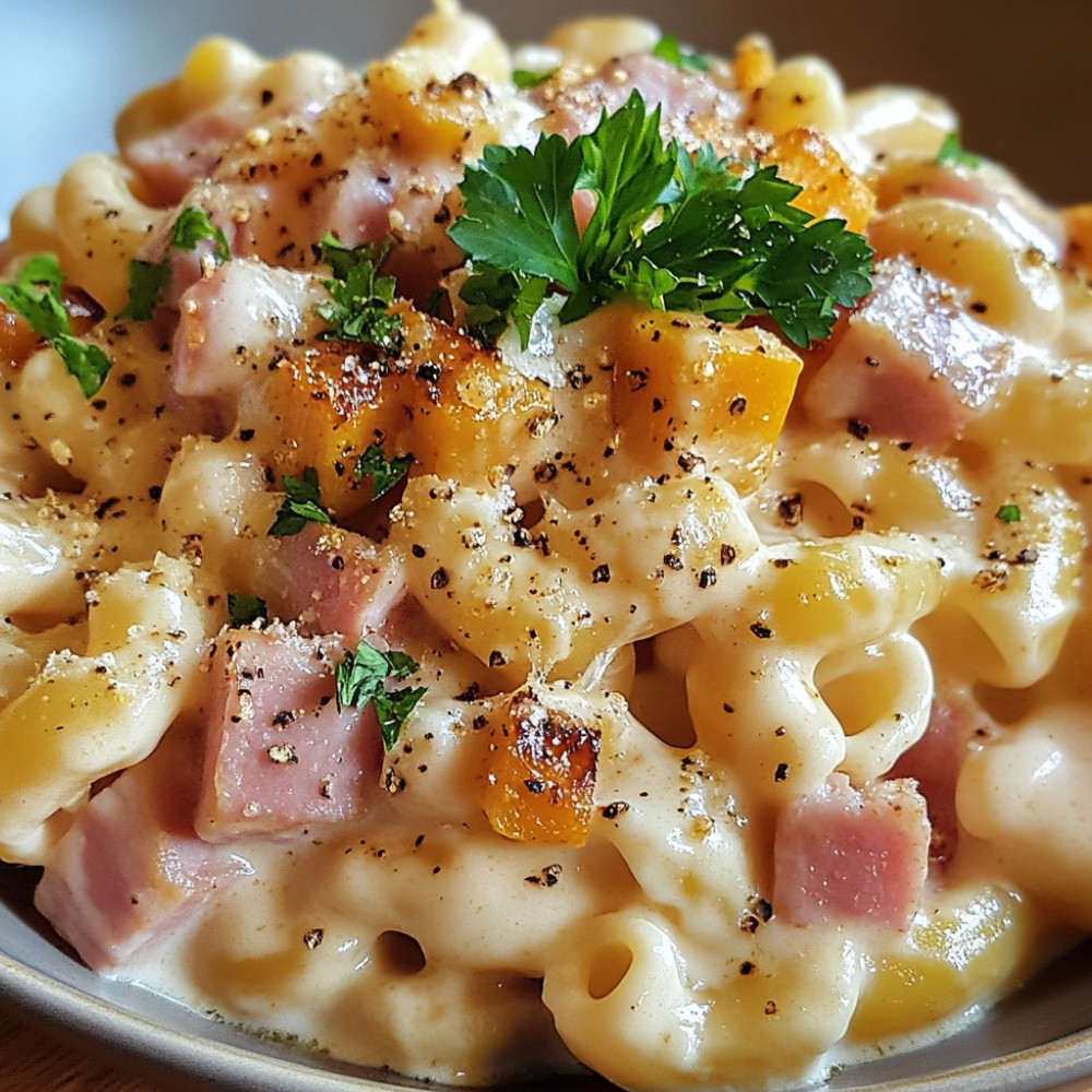 Macaronis au jambon, sauce potiron-panais