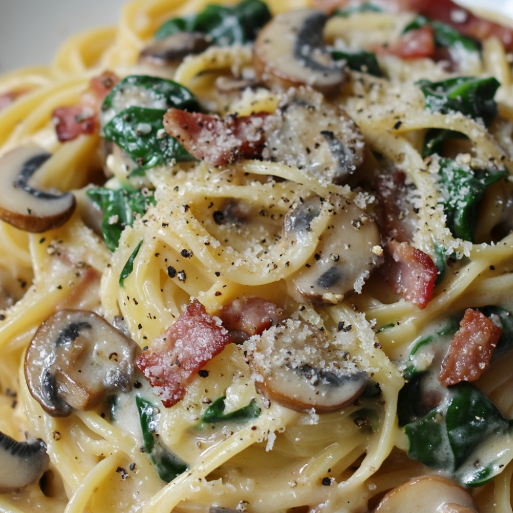 Pâtes à la sauce crème champignons, épinards et lard