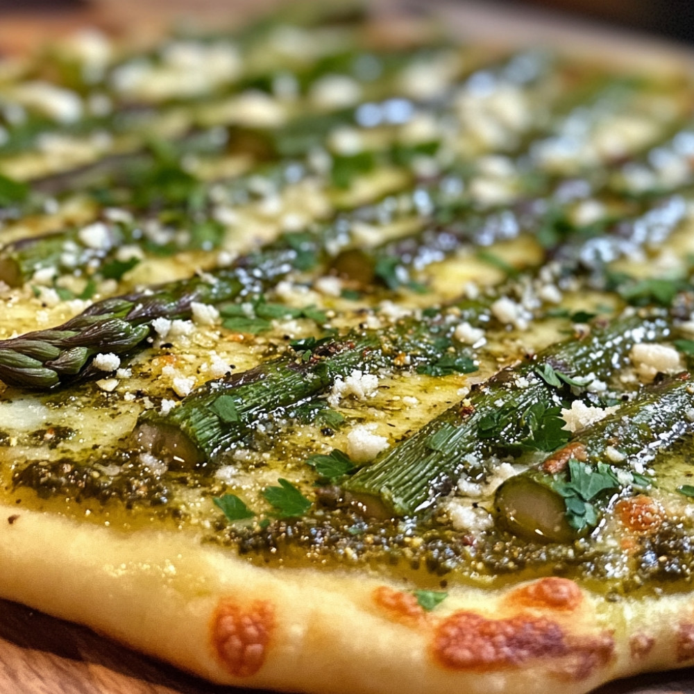 Pizza aux asperges et huile au persil