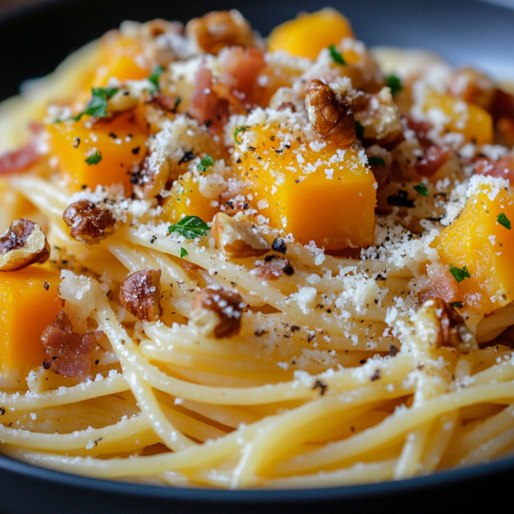 Spaghettis à la courge butternut, noix et lard