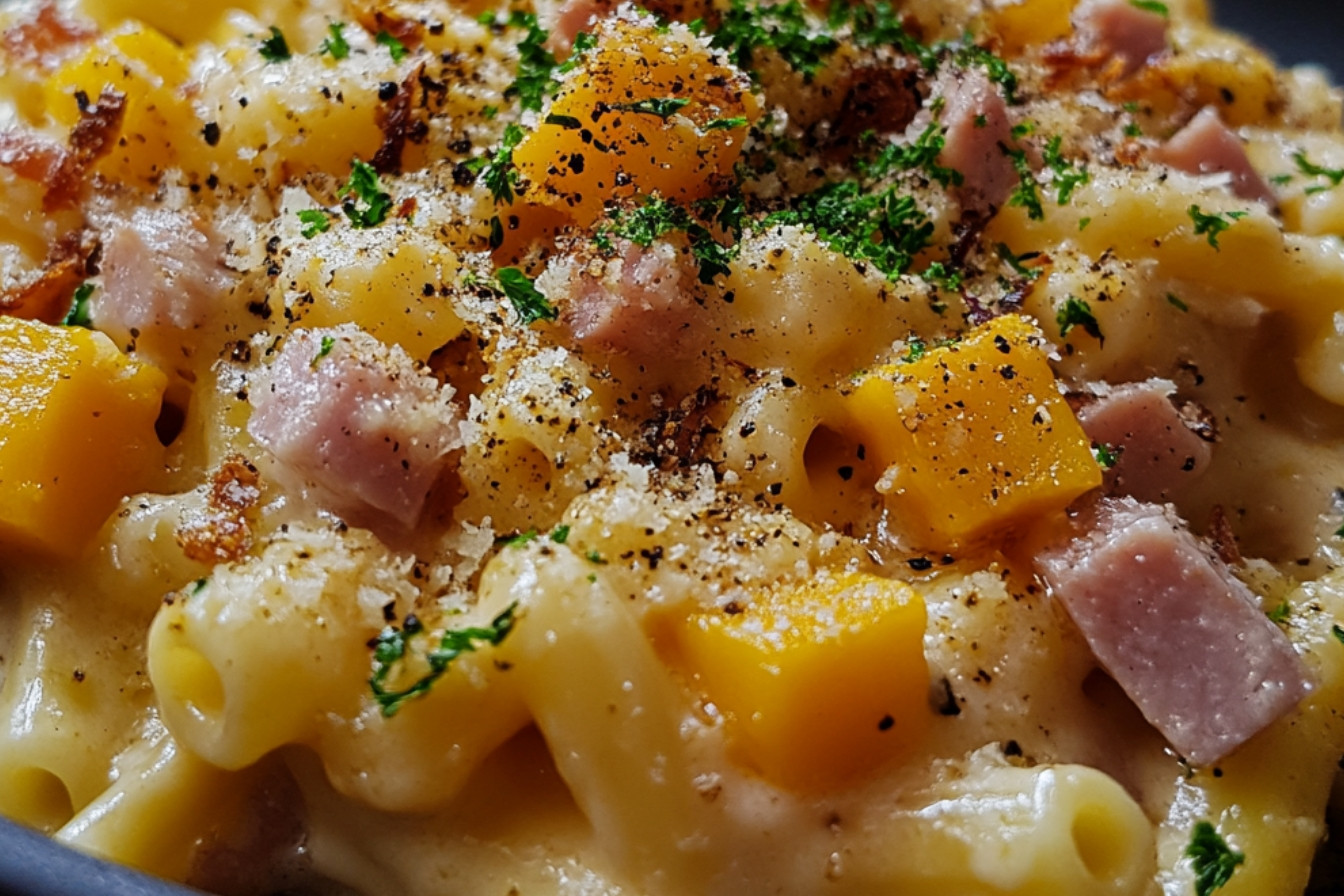 Macaronis au jambon, sauce potiron-panais