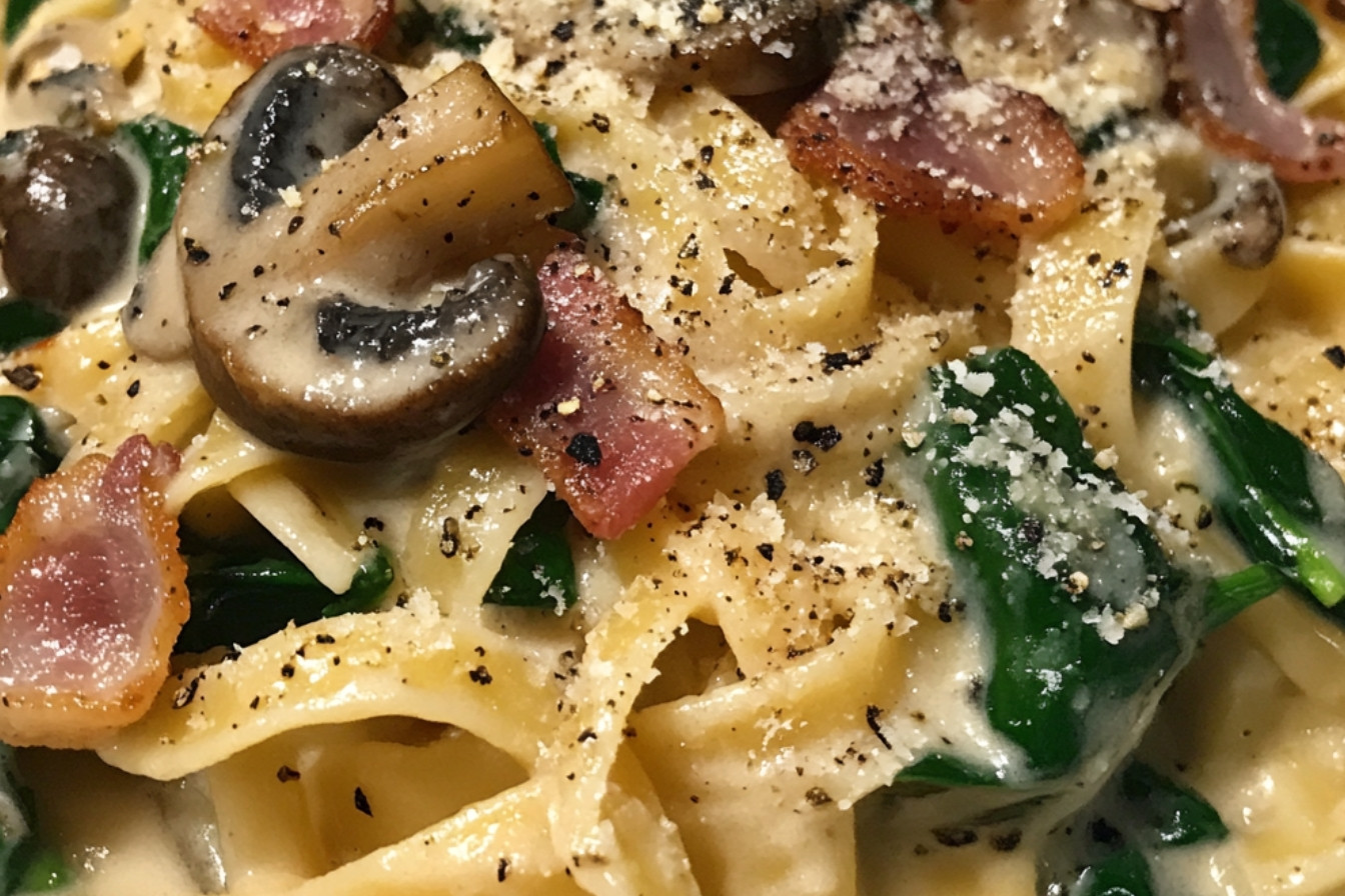 Pâtes à la sauce crème champignons, épinards et lard