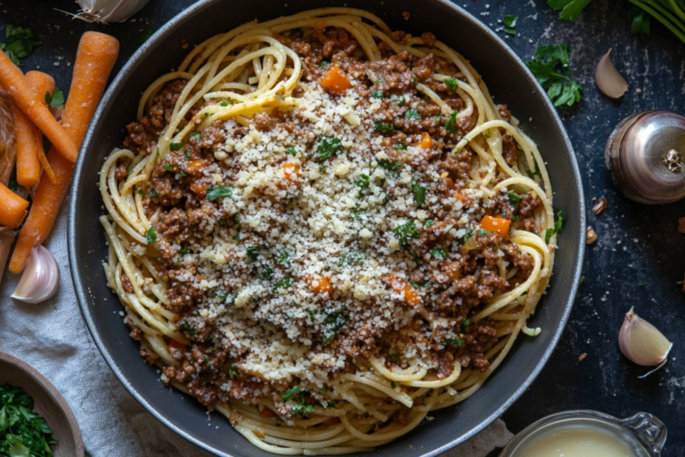 Spaghetti bolognaise et topping crunchy