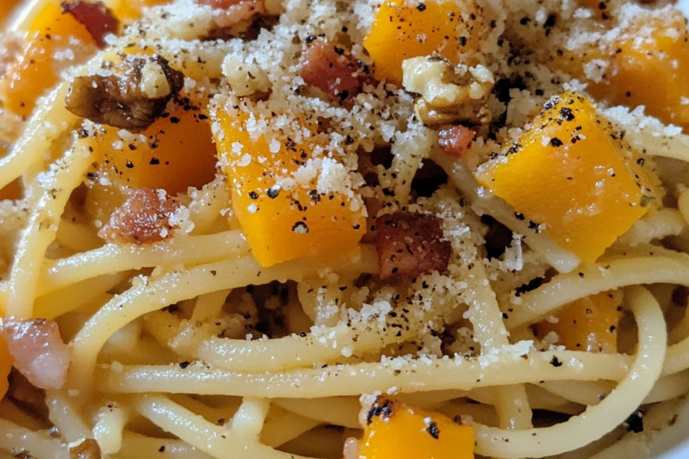 Spaghettis à la courge butternut, noix et lard